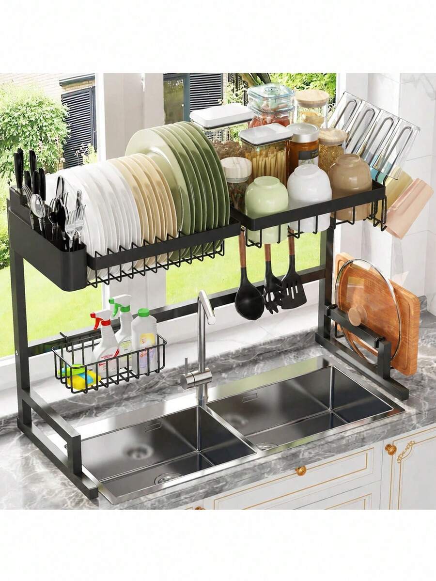 Kitchen Utensil Holder - Dish Drying Rack-2-Tier Over- Space-Saving Metal